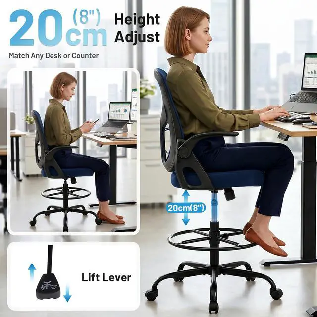 Alt view image 3 of 7 - Drafting Chair for Standing Desk, Tall Office Chair with 22"-30" Seat Height &7" Lift Footrest Ring, Ergonomic Executive Mesh Computer Counter Stool with Lumbar Support &Flip-up Arms for Artist