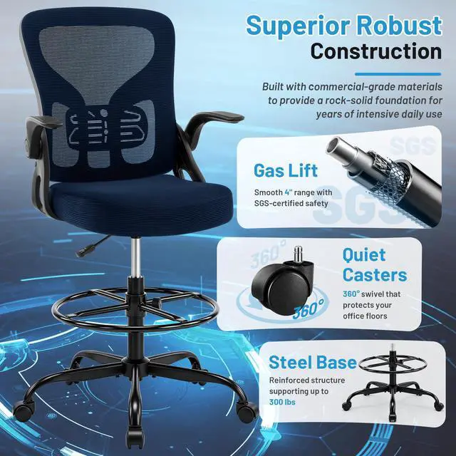 Alt view image 5 of 7 - Drafting Chair for Standing Desk, Tall Office Chair with 22"-30" Seat Height &7" Lift Footrest Ring, Ergonomic Executive Mesh Computer Counter Stool with Lumbar Support &Flip-up Arms for Artist