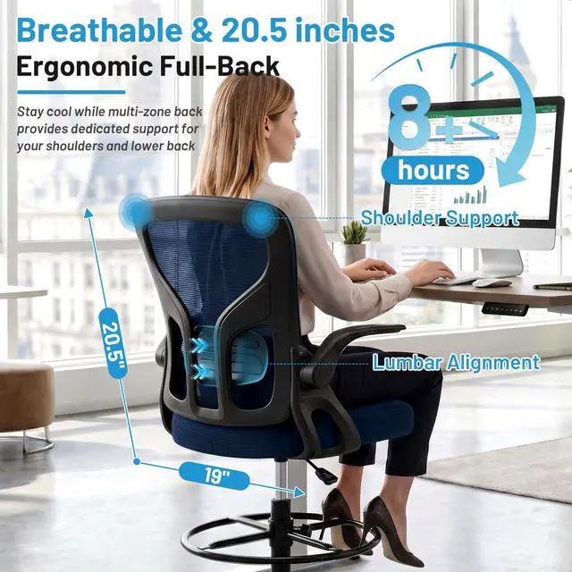 Alt view image 6 of 7 - Drafting Chair for Standing Desk, Tall Office Chair with 22"-30" Seat Height &7" Lift Footrest Ring, Ergonomic Executive Mesh Computer Counter Stool with Lumbar Support &Flip-up Arms for Artist