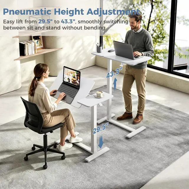 Alt view image 4 of 7 - Standing Desk with Wheels, Rolling Desk, Laptop Table | Adjustable Height, Portable Computer Workstation, Tilting Desktop, Home Office Classroom Bedside, White