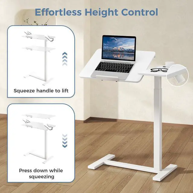 Alt view image 7 of 7 - Standing Desk with Wheels, Rolling Desk, Laptop Table | Adjustable Height, Portable Computer Workstation, Tilting Desktop, Home Office Classroom Bedside, White