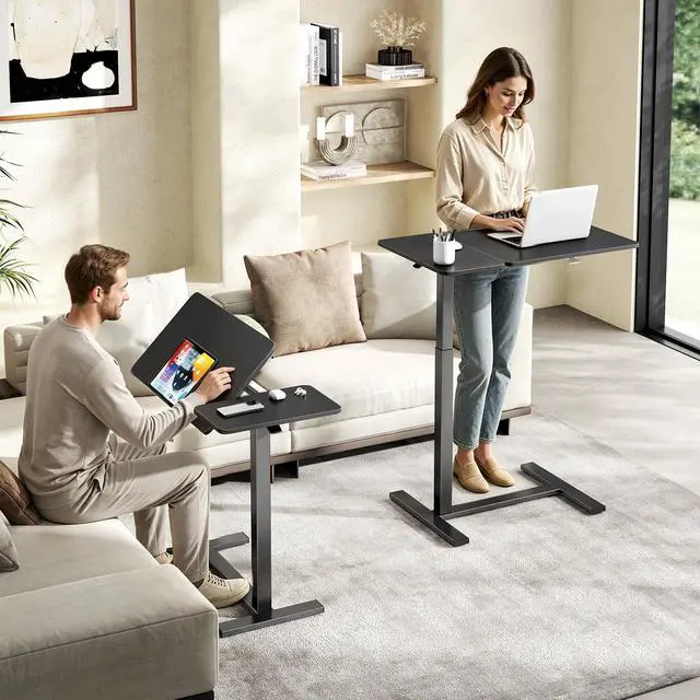 Alt view image 2 of 7 - Standing Desk with Wheels, Rolling Desk, Laptop Table | Adjustable Height, Portable Computer Workstation, Tilting Desktop, Home Office Classroom Bedside, Black