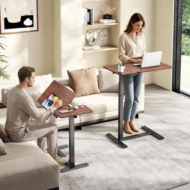 Alt view image 2 of 7 - Standing Desk with Wheels, Rolling Desk, Laptop Table | Adjustable Height, Portable Computer Workstation, Tilting Desktop, Home Office Classroom Bedside, Brown