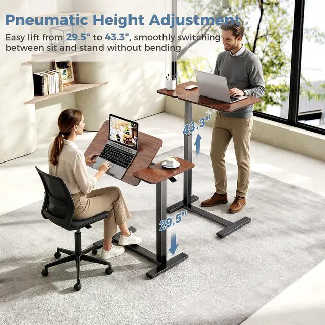 Alt view image 4 of 7 - Standing Desk with Wheels, Rolling Desk, Laptop Table | Adjustable Height, Portable Computer Workstation, Tilting Desktop, Home Office Classroom Bedside, Brown