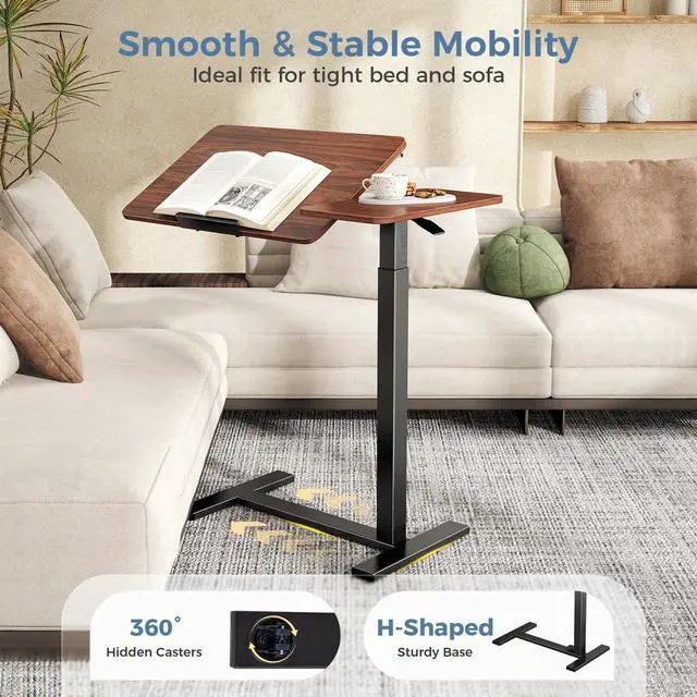 Alt view image 6 of 7 - Standing Desk with Wheels, Rolling Desk, Laptop Table | Adjustable Height, Portable Computer Workstation, Tilting Desktop, Home Office Classroom Bedside, Brown