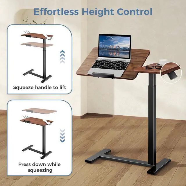 Alt view image 7 of 7 - Standing Desk with Wheels, Rolling Desk, Laptop Table | Adjustable Height, Portable Computer Workstation, Tilting Desktop, Home Office Classroom Bedside, Brown