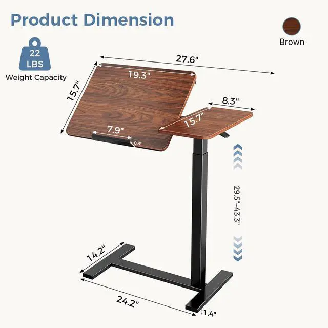 Alt view image 3 of 7 - Standing Desk with Wheels, Rolling Desk, Laptop Table | Adjustable Height, Portable Computer Workstation, Tilting Desktop, Home Office Classroom Bedside, Brown