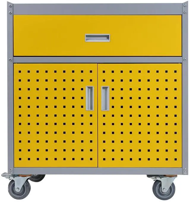 Main image of Metal Storage Cabinet with Wheels 30" x 18" x 34" Mobile Metal Garage Cabinet with 1 Drawer & 2 Doors Small Rolling Tool Storage Cabinet with 1 Adjustable Shelf & 4 Hanging Hooks, Yellow & Gray