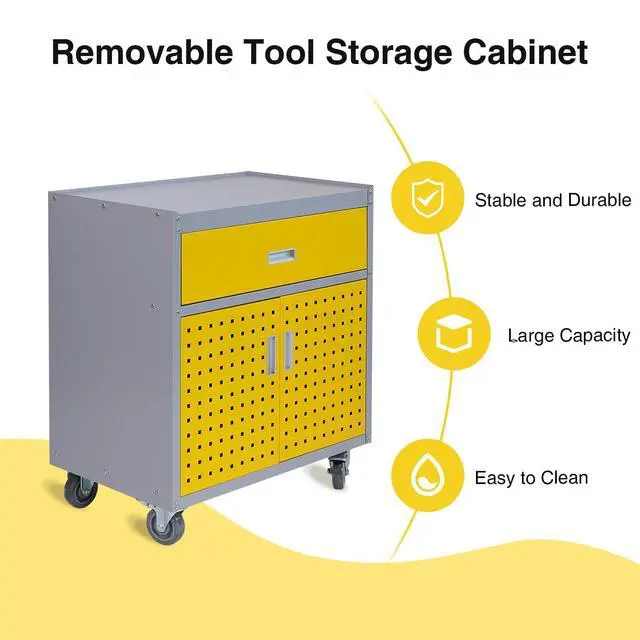 Alt view image 6 of 6 - Metal Storage Cabinet with Wheels 30" x 18" x 34" Mobile Metal Garage Cabinet with 1 Drawer & 2 Doors Small Rolling Tool Storage Cabinet with 1 Adjustable Shelf & 4 Hanging Hooks, Yellow & Gray