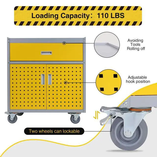 Alt view image 4 of 6 - Metal Storage Cabinet with Wheels 30" x 18" x 34" Mobile Metal Garage Cabinet with 1 Drawer & 2 Doors Small Rolling Tool Storage Cabinet with 1 Adjustable Shelf & 4 Hanging Hooks, Yellow & Gray