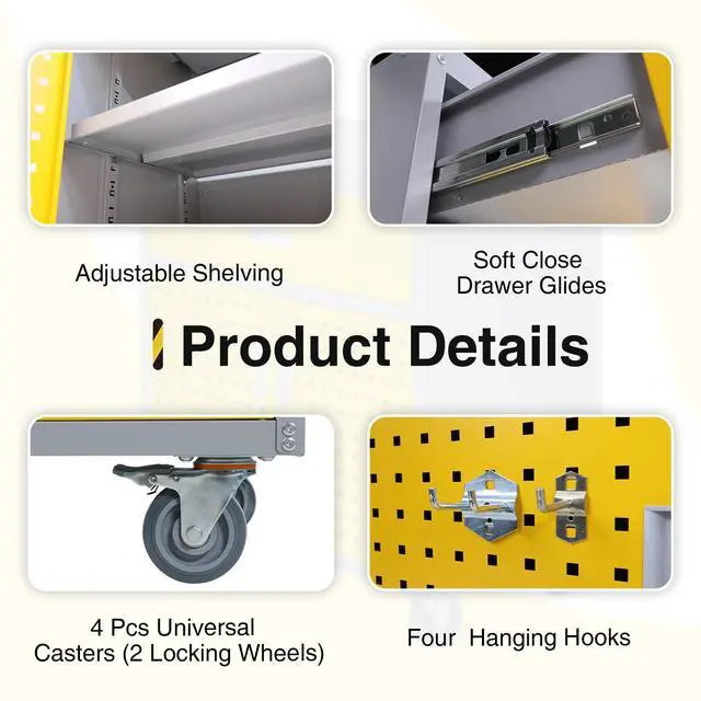 Alt view image 5 of 6 - Metal Storage Cabinet with Wheels 30" x 18" x 34" Mobile Metal Garage Cabinet with 1 Drawer & 2 Doors Small Rolling Tool Storage Cabinet with 1 Adjustable Shelf & 4 Hanging Hooks, Yellow & Gray