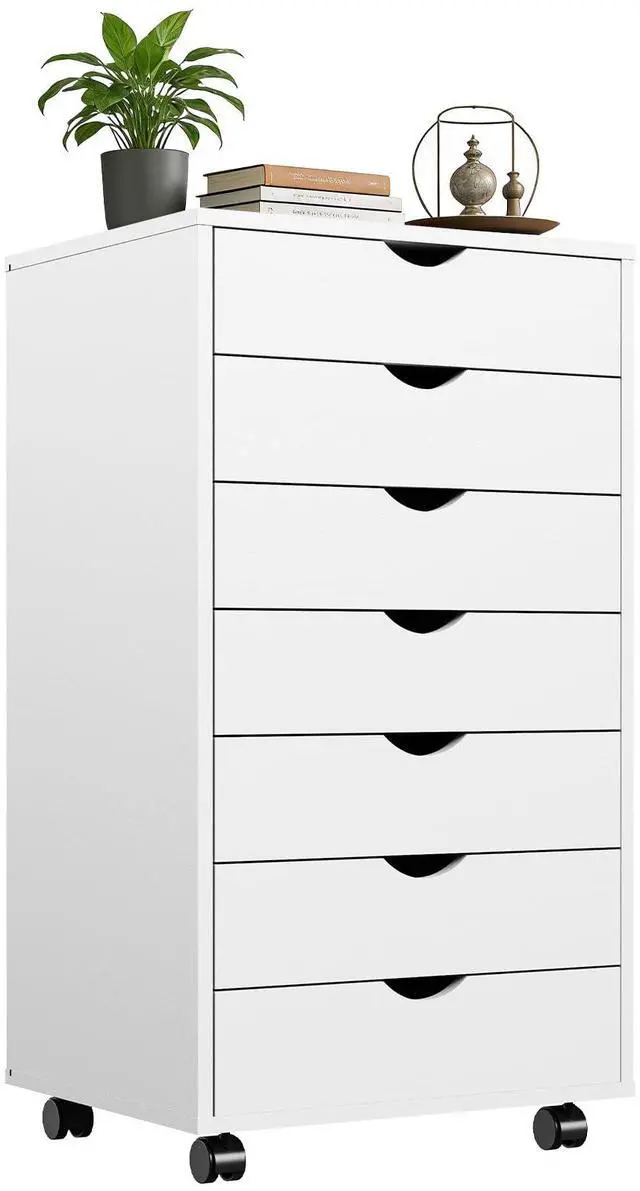 Main image of Mobile File Cabinet Under Desk, 7 Drawer Storage Organization | Printer Stand with Wheels, Vertical Filing Chest Rolling Wood Small Desk Printer Stand for Home Office, Living Room, White