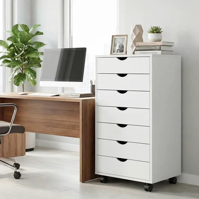 Alt view image 2 of 7 - Mobile File Cabinet Under Desk, 7 Drawer Storage Organization | Printer Stand with Wheels, Vertical Filing Chest Rolling Wood Small Desk Printer Stand for Home Office, Living Room, White