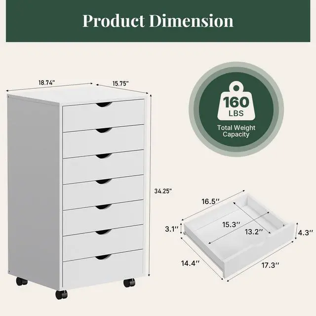 Alt view image 3 of 7 - Mobile File Cabinet Under Desk, 7 Drawer Storage Organization | Printer Stand with Wheels, Vertical Filing Chest Rolling Wood Small Desk Printer Stand for Home Office, Living Room, White