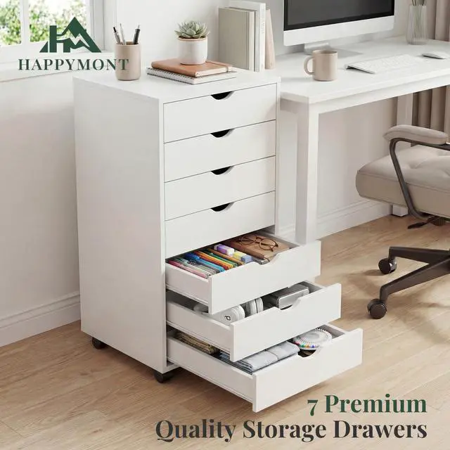 Alt view image 4 of 7 - Mobile File Cabinet Under Desk, 7 Drawer Storage Organization | Printer Stand with Wheels, Vertical Filing Chest Rolling Wood Small Desk Printer Stand for Home Office, Living Room, White