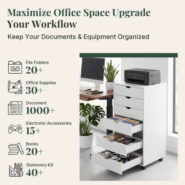 Alt view image 6 of 7 - Mobile File Cabinet Under Desk, 7 Drawer Storage Organization | Printer Stand with Wheels, Vertical Filing Chest Rolling Wood Small Desk Printer Stand for Home Office, Living Room, White