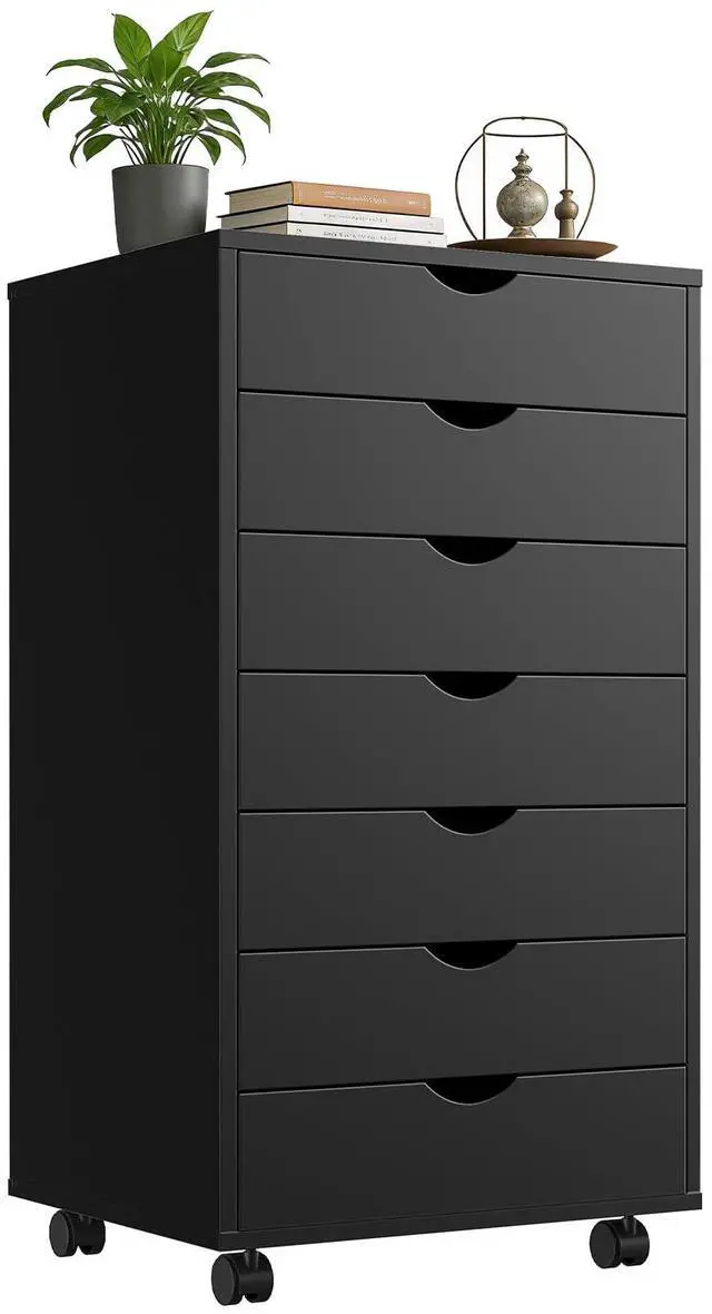 Main image of Mobile File Cabinet Under Desk, 7 Drawer Storage Organization | Printer Stand with Wheels, Vertical Filing Chest Rolling Wood Small Desk Printer Stand for Home Office, Living Room, Black