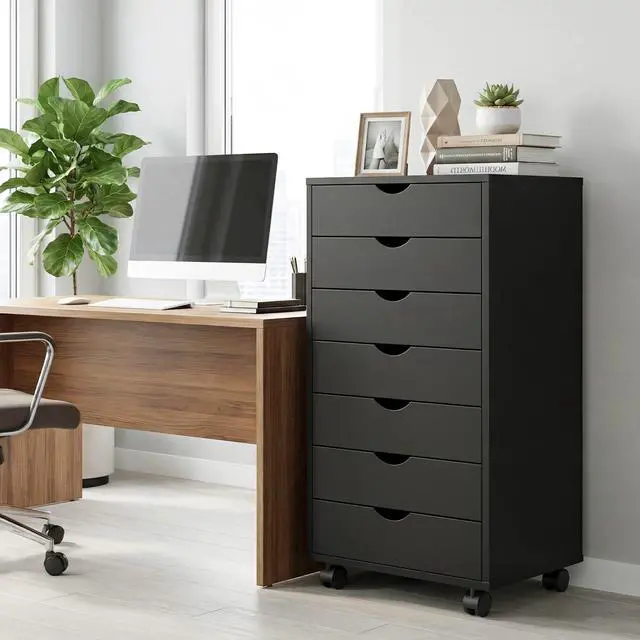 Alt view image 2 of 7 - Mobile File Cabinet Under Desk, 7 Drawer Storage Organization | Printer Stand with Wheels, Vertical Filing Chest Rolling Wood Small Desk Printer Stand for Home Office, Living Room, Black