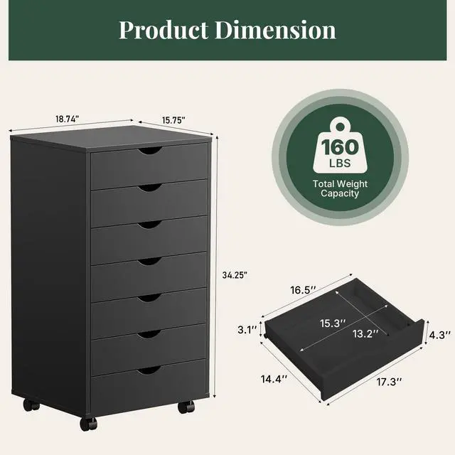 Alt view image 3 of 7 - Mobile File Cabinet Under Desk, 7 Drawer Storage Organization | Printer Stand with Wheels, Vertical Filing Chest Rolling Wood Small Desk Printer Stand for Home Office, Living Room, Black