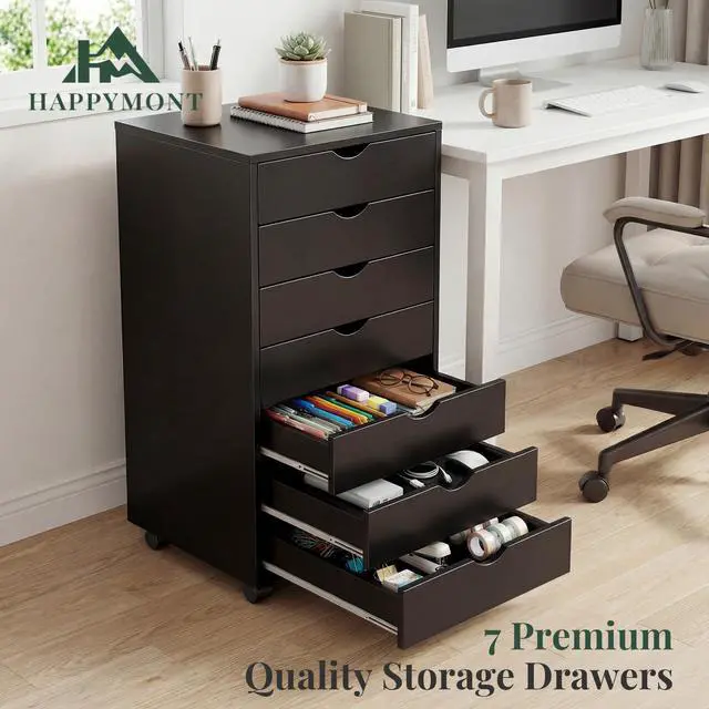 Alt view image 4 of 7 - Mobile File Cabinet Under Desk, 7 Drawer Storage Organization | Printer Stand with Wheels, Vertical Filing Chest Rolling Wood Small Desk Printer Stand for Home Office, Living Room, Black