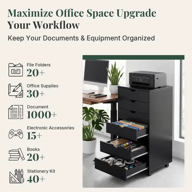 Alt view image 6 of 7 - Mobile File Cabinet Under Desk, 7 Drawer Storage Organization | Printer Stand with Wheels, Vertical Filing Chest Rolling Wood Small Desk Printer Stand for Home Office, Living Room, Black