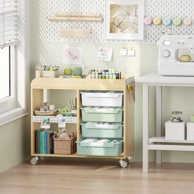 Alt view image 2 of 7 - Craft Organizers and Art Supply Storage, Art Cart, Rolling Cart with 4 Drawers & Metal Pegboard, 5 Hooks, Cute Macaron Color Magnets for Craft Room, Office, Classroom,Mint Green
