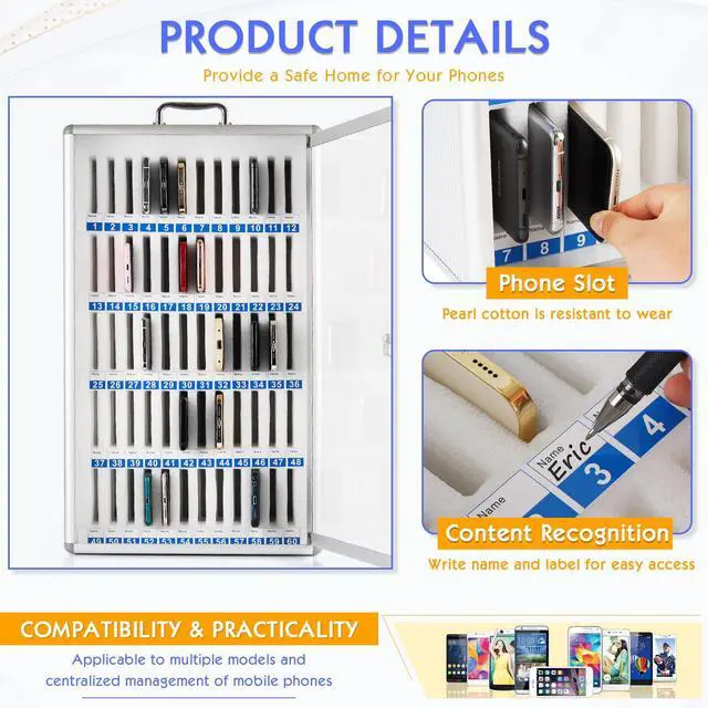 Alt view image 4 of 6 - 60 Slots Aluminum Alloy Cell Phone Locker, Phone Holder for Classroom | Cell Phone Lock Box, Wall-Mounted Phone Holder with a Locked, Phone Storage Cabinet, Can be Carried by Hand