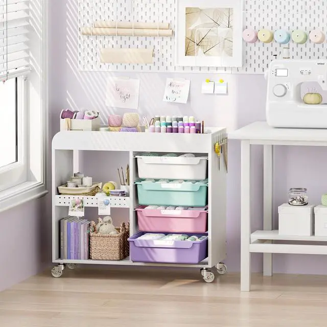Alt view image 2 of 7 - Craft Organizers and Art Supply Storage, Art Cart, Rolling Cart with 4 Drawers & Metal Pegboard, 5 Hooks, Cute Macaron Color Magnets for Craft Room, Office, Classroom, Ice Cream