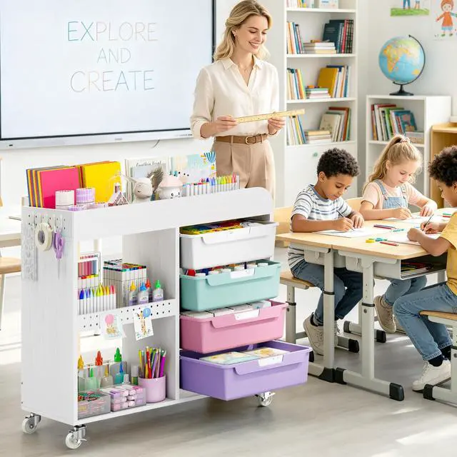 Alt view image 5 of 7 - Craft Organizers and Art Supply Storage, Art Cart, Rolling Cart with 4 Drawers & Metal Pegboard, 5 Hooks, Cute Macaron Color Magnets for Craft Room, Office, Classroom, Ice Cream