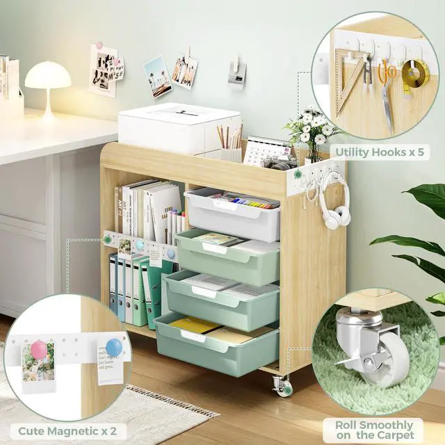 Alt view image 4 of 7 - Craft Organizers and Art Supply Storage, Art Cart, Rolling Cart with 4 Drawers & Metal Pegboard, 5 Hooks, Cute Macaron Color Magnets for Craft Room, Office, Classroom,Mint Green