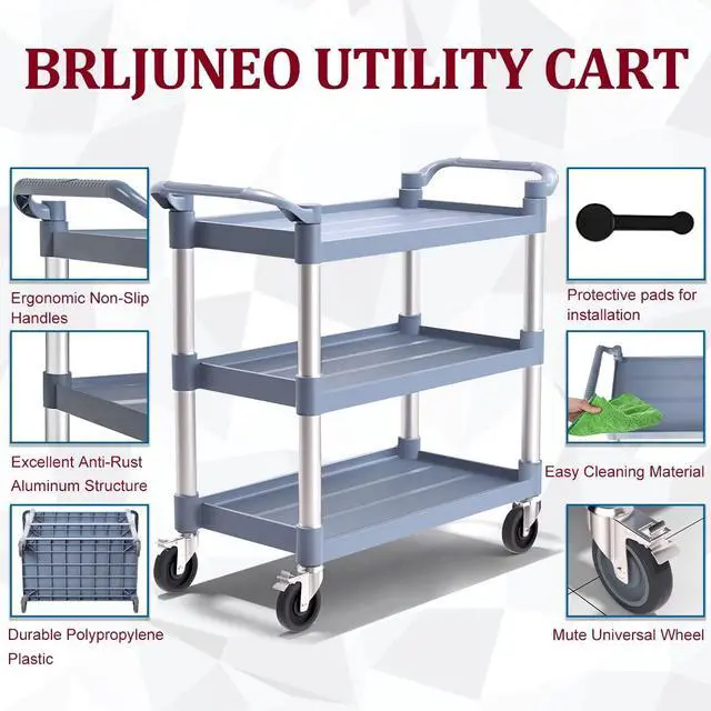 Alt view image 2 of 7 - Plastic Utility Carts with Wheels, 3-Tier Large Size Restaurant Food Cart, Heavy Duty 600lbs Capacity Rolling Service Cart w/Hammer for Commercial, Kitchen, Office (Lockable Wheels, L-Grey)