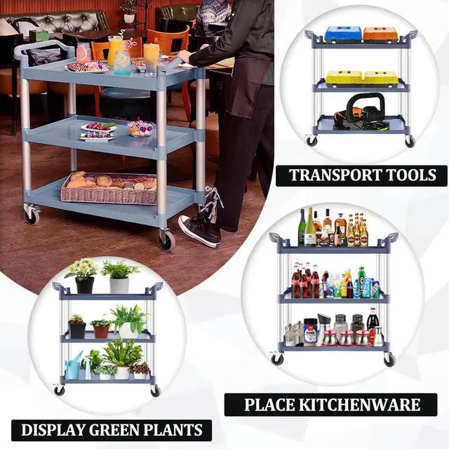 Alt view image 3 of 7 - Plastic Utility Carts with Wheels, 3-Tier Large Size Restaurant Food Cart, Heavy Duty 600lbs Capacity Rolling Service Cart w/Hammer for Commercial, Kitchen, Office (Lockable Wheels, L-Grey)