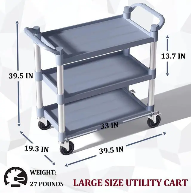 Alt view image 5 of 7 - Plastic Utility Carts with Wheels, 3-Tier Large Size Restaurant Food Cart, Heavy Duty 600lbs Capacity Rolling Service Cart w/Hammer for Commercial, Kitchen, Office (Lockable Wheels, L-Grey)