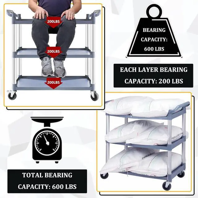 Alt view image 4 of 7 - Plastic Utility Carts with Wheels, 3-Tier Large Size Restaurant Food Cart, Heavy Duty 600lbs Capacity Rolling Service Cart w/Hammer for Commercial, Kitchen, Office (Lockable Wheels, L-Grey)