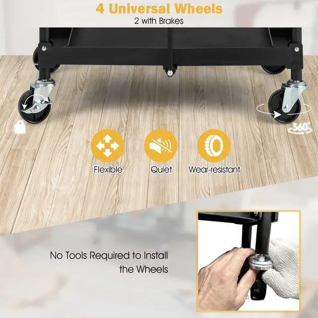 Alt view image 7 of 7 - Folding Utility Cart on Wheels, 250lbs 3-Tier Rolling Tool Cart w/Lockable Casters & Compartments, Fast Fold up Collapsible Metal Service Cart for Office, Garage, Kitchen, Black