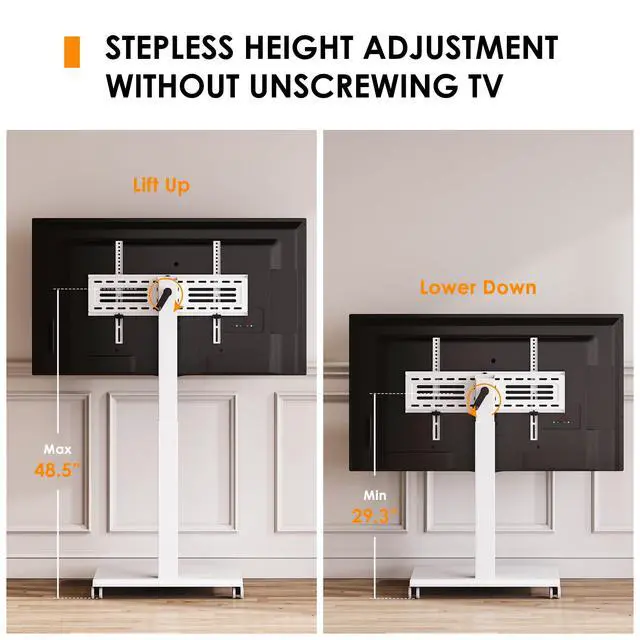 Alt view image 3 of 7 - Hand Crank Lift TV Stand with Wheels, Tilt & Swivel Rolling TV Stand for 32-75Inch TVs, Free Height Adjustable Mobile TV Cart Holds up to 88Lbs, Iron Base Max VESA 600x400mm, White