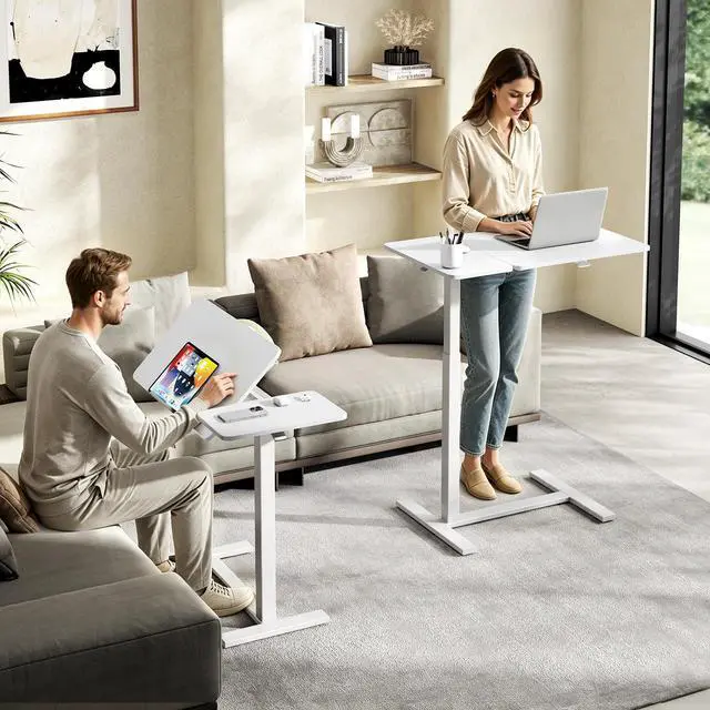 Alt view image 2 of 7 - Standing Desk with Wheels, Rolling Desk, Laptop Table | Adjustable Height, Portable Computer Workstation, Tilting Desktop, Home Office Classroom Bedside, White