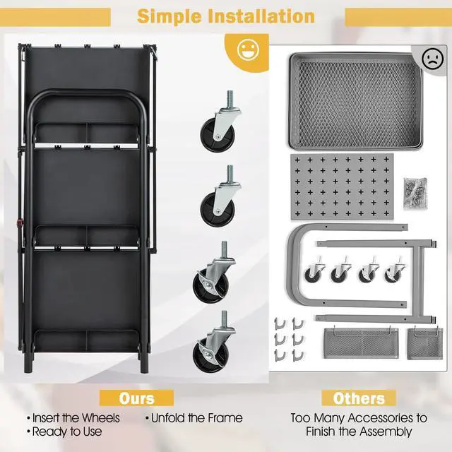 Alt view image 5 of 7 - Folding Utility Cart on Wheels, 250lbs 3-Tier Rolling Tool Cart w/Lockable Casters & Compartments, Fast Fold up Collapsible Metal Service Cart for Office, Garage, Kitchen, Black