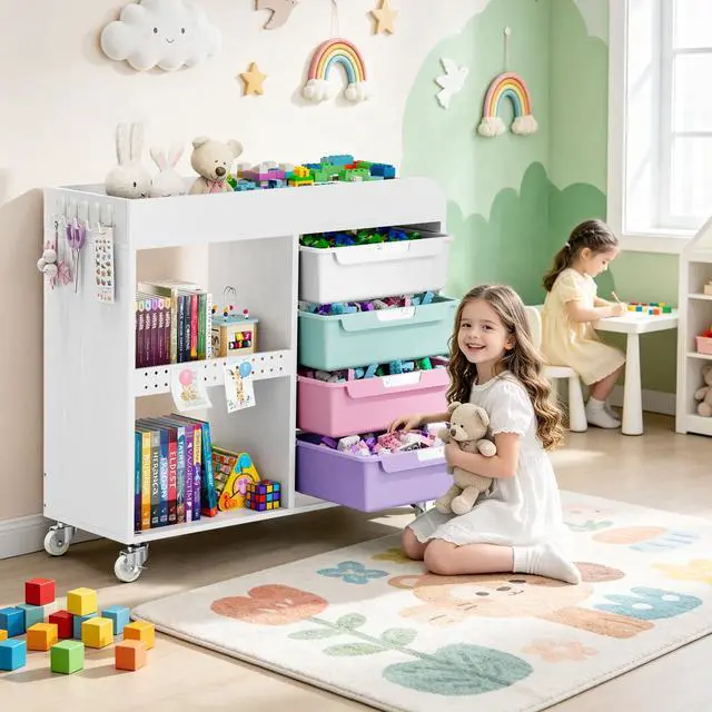 Alt view image 6 of 7 - Craft Organizers and Art Supply Storage, Art Cart, Rolling Cart with 4 Drawers & Metal Pegboard, 5 Hooks, Cute Macaron Color Magnets for Craft Room, Office, Classroom, Ice Cream