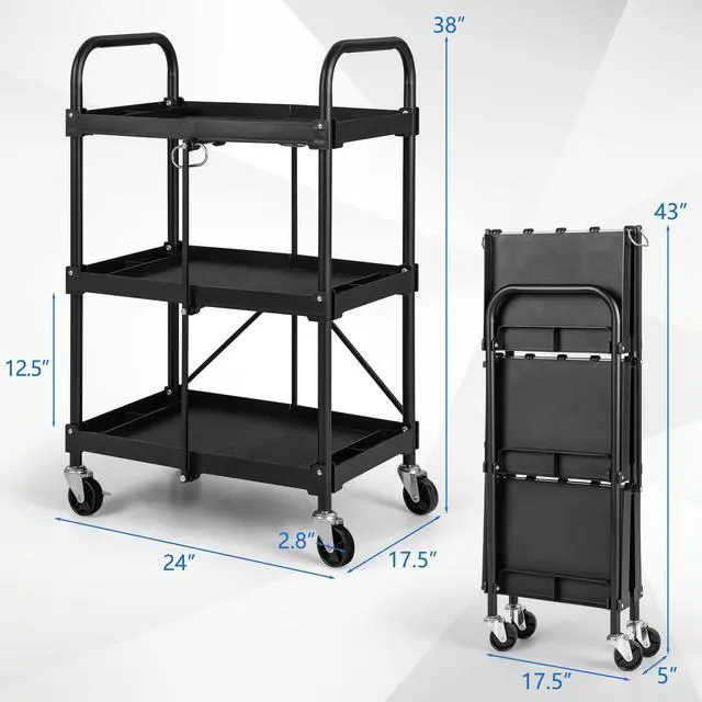 Alt view image 3 of 7 - Folding Utility Cart on Wheels, 250lbs 3-Tier Rolling Tool Cart w/Lockable Casters & Compartments, Fast Fold up Collapsible Metal Service Cart for Office, Garage, Kitchen, Black
