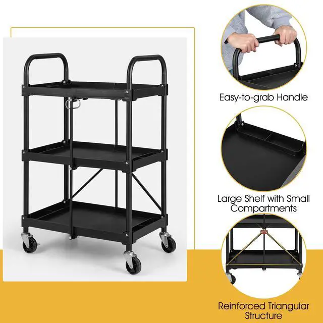 Alt view image 4 of 7 - Folding Utility Cart on Wheels, 250lbs 3-Tier Rolling Tool Cart w/Lockable Casters & Compartments, Fast Fold up Collapsible Metal Service Cart for Office, Garage, Kitchen, Black