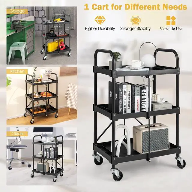 Alt view image 6 of 7 - Folding Utility Cart on Wheels, 250lbs 3-Tier Rolling Tool Cart w/Lockable Casters & Compartments, Fast Fold up Collapsible Metal Service Cart for Office, Garage, Kitchen, Black