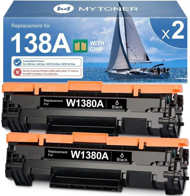 Main image of 138A Black Toner Cartridges Replacement for HP 138X W1380A W1380X | With Chip, Compatible with LaserJet Pro 3001dw 3001dn MFP 3101fdw 3101fdn Printer, 2 Pack, High Yield Printing