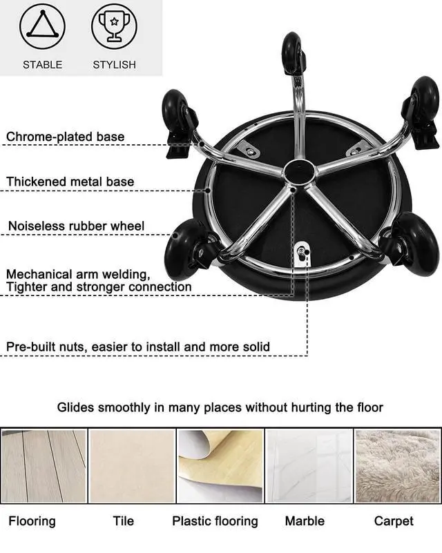 Alt view image 3 of 7 - Rolling Stool with Backrest 450 Lbs High Weight Capacity PU Leather Roller Seat and Heavy-Duty Crystal Universal Wheels for Men Women Boy Girl Furniture Gift, Home Office Black