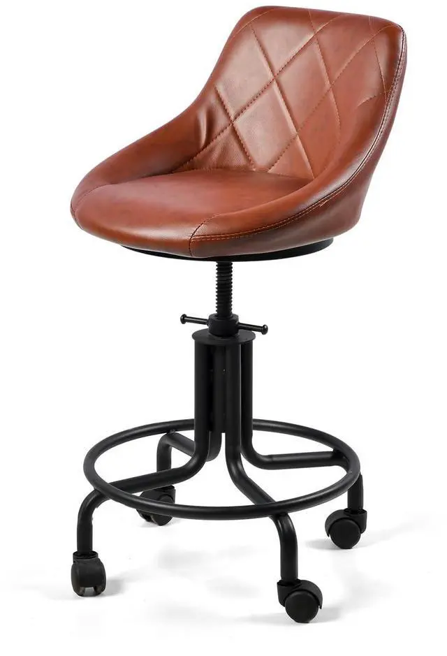Main image of Industrial Office Chair with Backrest on Wheels Vintage Rolling Shop Stools with Wheels for Garage Swivel PU Seat Drafting Stool for Workbench 19.7-23.6inch Height Adjustable Bar Stool