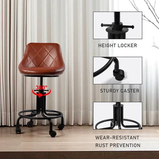 Alt view image 5 of 7 - Industrial Office Chair with Backrest on Wheels Vintage Rolling Shop Stools with Wheels for Garage Swivel PU Seat Drafting Stool for Workbench 19.7-23.6inch Height Adjustable Bar Stool