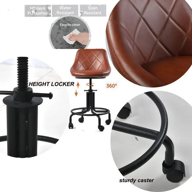 Alt view image 4 of 7 - Industrial Office Chair with Backrest on Wheels Vintage Rolling Shop Stools with Wheels for Garage Swivel PU Seat Drafting Stool for Workbench 19.7-23.6inch Height Adjustable Bar Stool