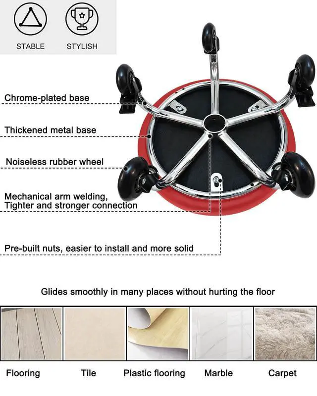 Alt view image 5 of 7 - Rolling Stool with Backrest 450 Lbs High Weight Capacity PU Leather Roller Seat and Heavy-Duty Crystal Universal Wheels for Men Women Furniture Gift, Home Office Red