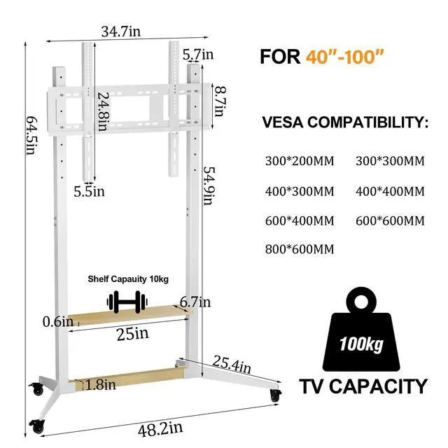 Alt view image 2 of 7 - Heavy Duty Portable Rolling TV Stand with Wheels for 55-100 inch | Adjustable Heights TV Cart for bedroom VESA 800x600mm max load capacity 220lbs