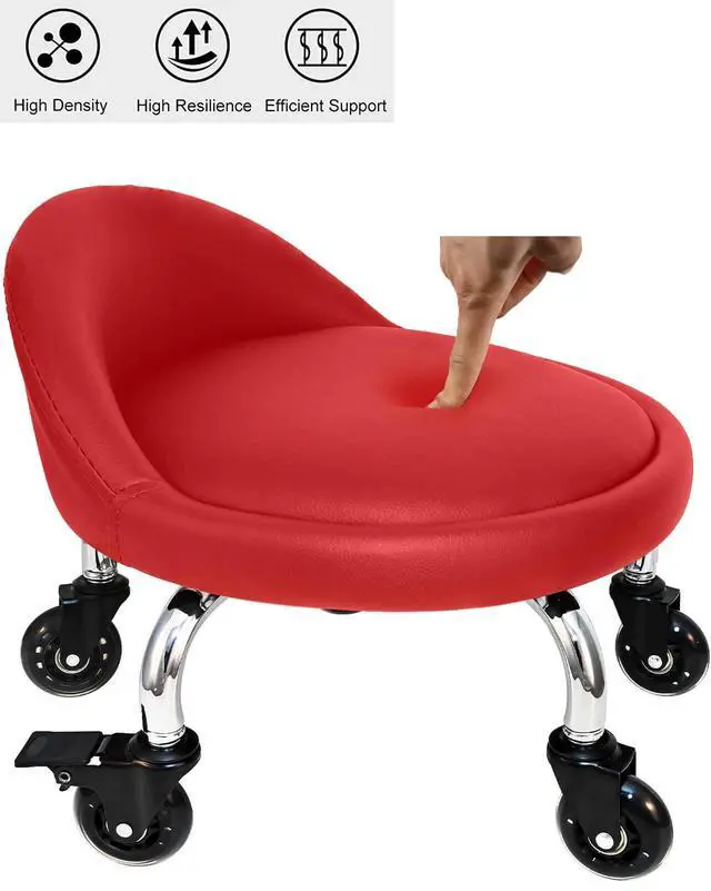 Alt view image 4 of 7 - Rolling Stool with Backrest 450 Lbs High Weight Capacity PU Leather Roller Seat and Heavy-Duty Crystal Universal Wheels for Men Women Furniture Gift, Home Office Red